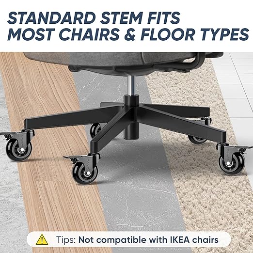 TICONN Office Chair Caster Wheels Set of 5 for Tile, Hardwood Floors and Carpets, Universal Fit for Most Chairs (Black with Brake)