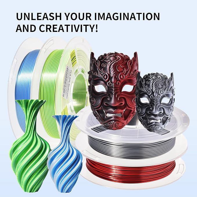 RAMBERY Silk Dual Color 3D Printer Filament Bundle 1.75mm +/- 0.02mm, Bicolor PLA 3D Printing Filament 200gX4 Spools (1.76 lbs), Black-Silver, Red-Black, Blue-Silver, Yellow-Green