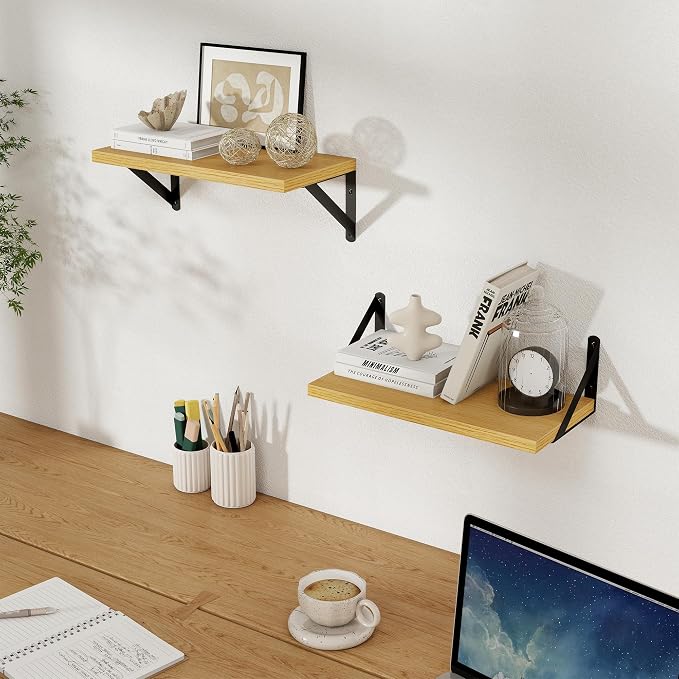 Floating Shelves 8 Inch Deep, 16W x 8D Wall Shelf Set of 2, 35 lbs Heavy Duty Reversible Metal Brackets, Industrial Book Shelf for Living Room Kitchen Bathroom Bedroom Gallery Wall, Oak