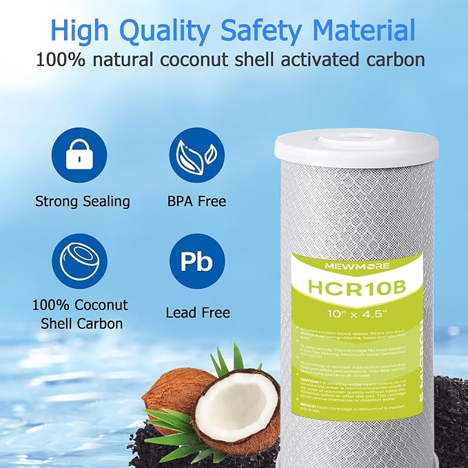 5 Micron 4.5" x 10" Whole House Carbon Water Filter Cartridge | Activated Carbon Block CTO Filter, Reduces Chlorine, Taste & Odor, Fits Standard 10" x 4.5" Big Housings, Pack of 2