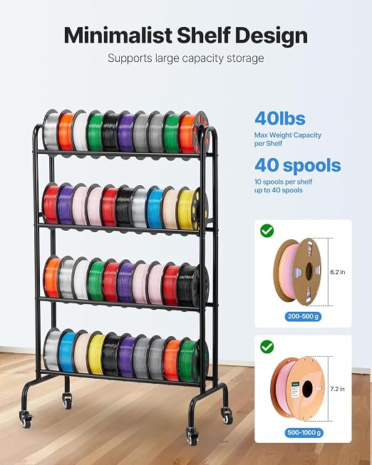 VEVOR 3D Printer Filament Storage Rack, 4 Tier Heavy Duty Storage Shelf, Rolling Filament Spool Holders Racks with Wheels, Filaments Organzied for 3D Printing Station, Office, Workshop (Shelf Only)