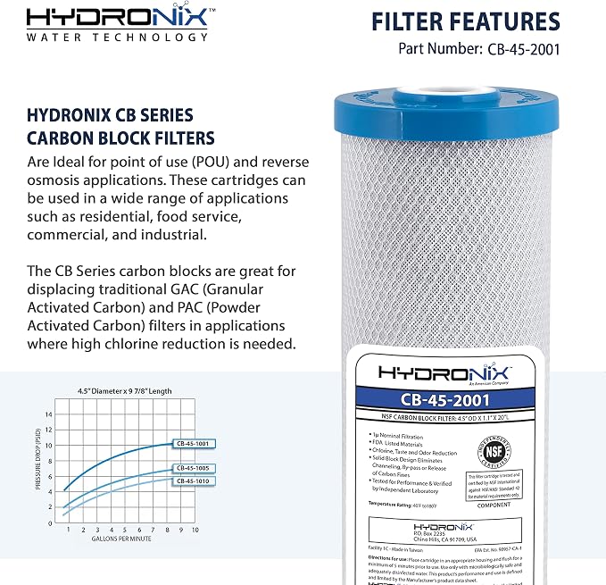 Hydronix CB-45-2001/3 Universal 4.5" x 20” Whole House Water Filter Replacement Cartridge, Commercial & Industrial NSF, Coconut Shell Activated Carbon Block CTO, 1 Micron (3 Pack)
