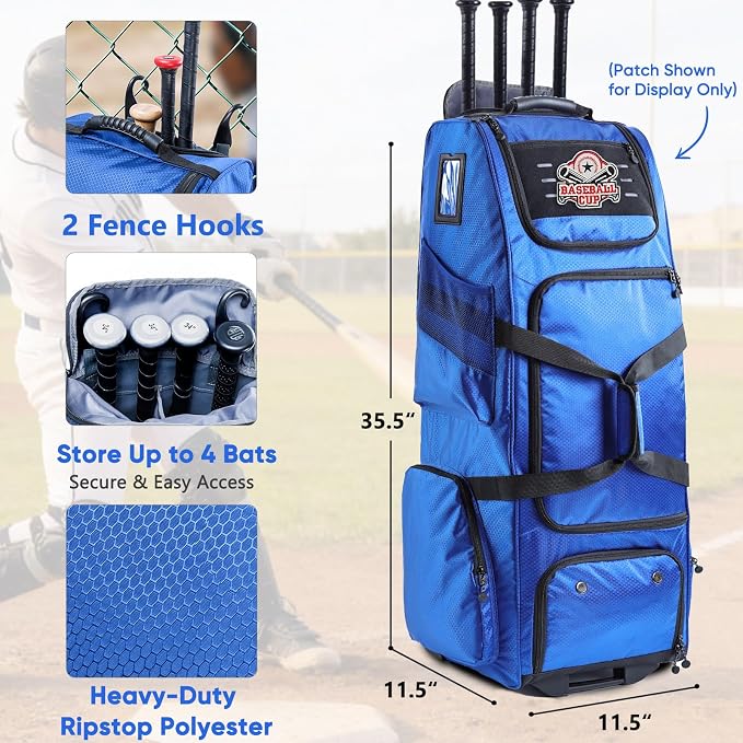 Large Rolling Baseball Catchers Gear Bag with Wheels, Softball Bag with Hard Backing for 4 Bats,Equipment Bag with Separate Shoe & Helmet Compartments, Youth Baseball Bag with 360° Spinner Wheels