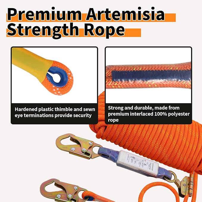 Fall Protection Safety Rope 50ft Heavy Duty Vertical Roofing Grab Snap Hook Shock Absorber Fall Protection Line Kit Restraint System Roofing Safety Equipment (50FT)