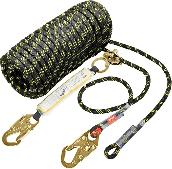 VEVOR Vertical Lifeline Assembly, 0.55'' x 100' Fall Protection Rope with 30 KN Breaking Tension, Polyester Roofing Rope with Steel Snap Hooks, Rope Grab, and Shock Absorber, ANSI Compliant