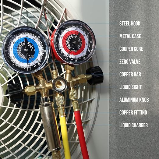 Lichamp HVAC R410a Gauges with Liquid Vaporizer, Vapor Charging Manifold Gauge Set for 410A R404a R22 R32 and Vacuum Pump, HVAC Single Stage Vacuum Pump for R134a R410a R22 R12,1/4 HP 3.5 CFM