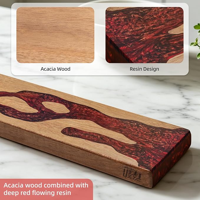 FINDKING Magnetic Knife Strip for Wall, Solid Acacia Wood with Deep Red Resin Inlay, Wall-Mounted Knife Holder with Strong Magnetic Hold, No-Drill Adhesive Mount (18 Inch)