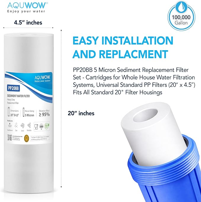 PP20BB 5 Micron 4.5" x 20" Filter Set – Sediment Replacement Cartridges for Whole House Water Filtration Systems, Universal Standard PP Filters (6, 20 x 4.5)