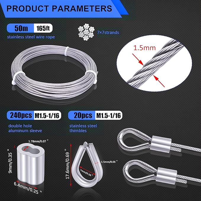 Twidec/Wire Rope Crimping Tool Up To 2.2mm With 240PCS 1/16''Aluminum Crimping Loop Sleeve And 165FT 1/16'' 304 stainless steel Wires Rope 20PCS Wire Thimbles And Wire Rope Cable Cutter Kit