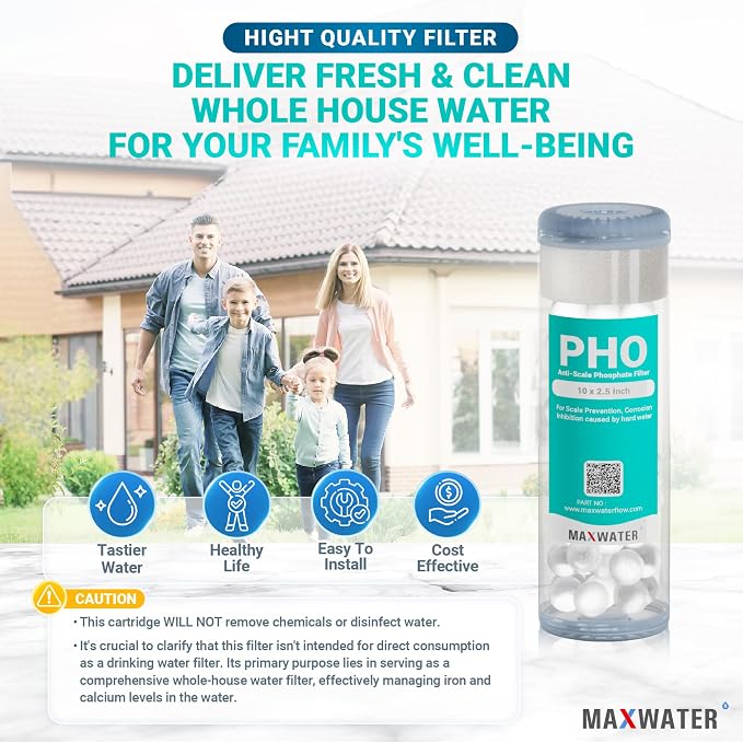 Max Water 10" x 2.5" Anti-Scale Water Filter Cartridge, Siliphos Polyphosphate (PHO) Replacement Filter, Fits Standard 10" Whole House Water Filtration System, Reduces Scale, Corrosion & Iron Staining