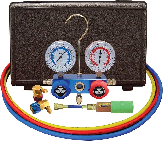 Mastercool 89660-UV Automotive R134a 2-Way Manifold Gauge Set with Mini Dye Injector – U.S. Designed, Assembled, and Tested – Includes 60" Hoses and Manual Couplers