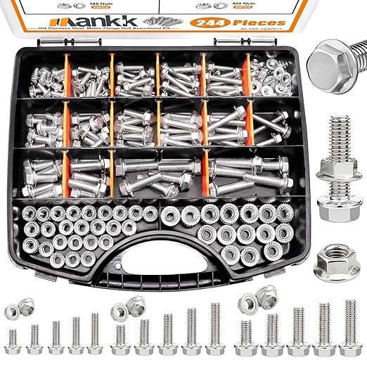 mankk 244PCS 304 Stainless Steel Metric Flange Bolts and Nuts Assortment Kit M5/M6/M8(10mm to 35mm) Hex Bolts and Nuts Kit for Automotive
