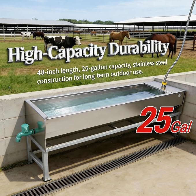 Automatic Livestock Water Trough 25 Gallons/100 Quart Livestock Waterer Animal Stainless Steel Larger Automatic Waterer with Float Valve Kit for Goat Cattle Horse Hog Dog Outdoor