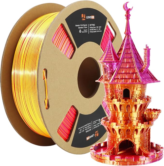 LOVOON 3D Printer Filament Tricolors, Color Change by Angle PLA Filament 1.75mm, Silk PLA Filament, Gold Red Purple Three Colors, Most 3D Printer and 3D Pen Compatible, 1KG(2.2lbs)/Spool