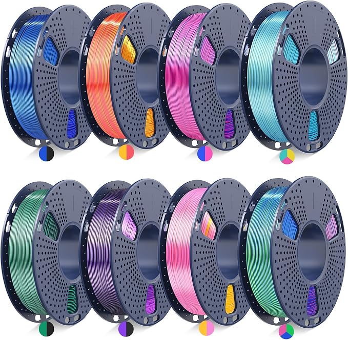 JAYO Silk Dual & Tri-Color PLA Filament 1.75mm Bundle, Multi-Color Shiny 3D Printer Filament Set, Smooth Glossy Finish, Easy to Print, No Clog, 250g Spool, 8 Rolls, 2kg in Total
