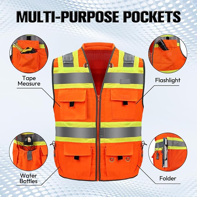 Surveyor Safety Vest with 8 Pockets, ANSI Class 2 High Visibility Vest for Men & Women
