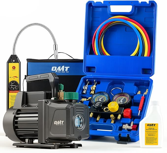Orion Motor Tech AC Vacuum Pump and Gauge Set, 1/3 HP 4.5 CFM HVAC Vacuum Pump Kit with Leak Detector, 4 Hoses & Manifold Gauge for R134a R22 R410a, A/C Vacuum Pump Kit for Auto & Home HVAC Systems