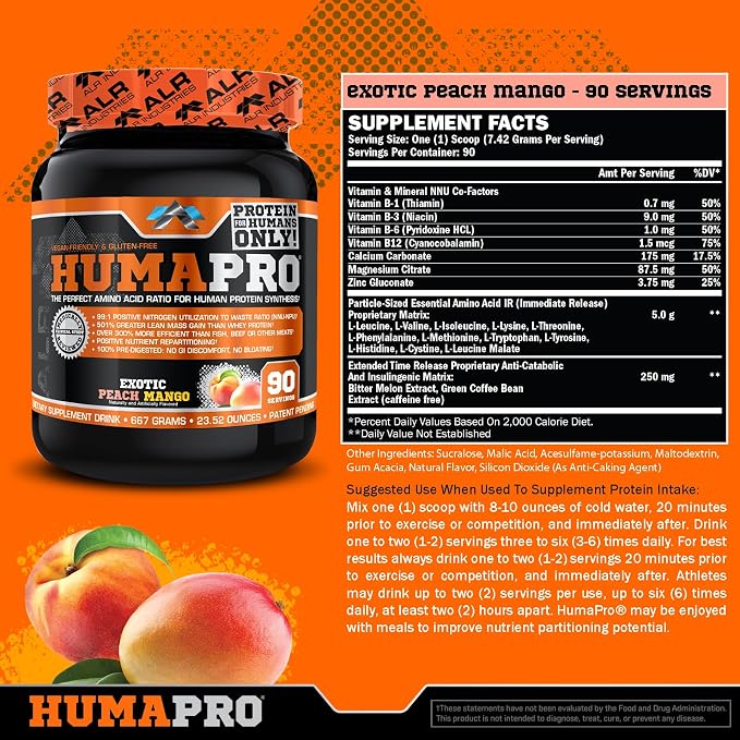 ALR Industries HumaPro Essential Amino Acid Formula | EAA Protein Supplement | Supports Muscle Recovery & Performance | Vegan, Gluten Free | | 90 Servings (Exotic Peach Mango)