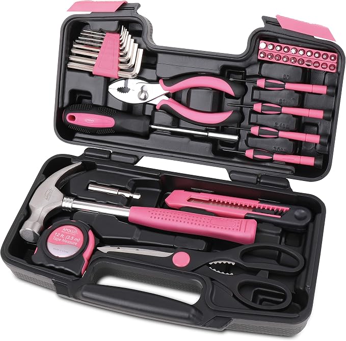 Apollo Tools Original 39 Piece General Household Tool Set in Toolbox Storage Case with Essential Hand Tools for Everyday Home Repairs, DIY and Crafts - Pink Ribbon - DT9706P