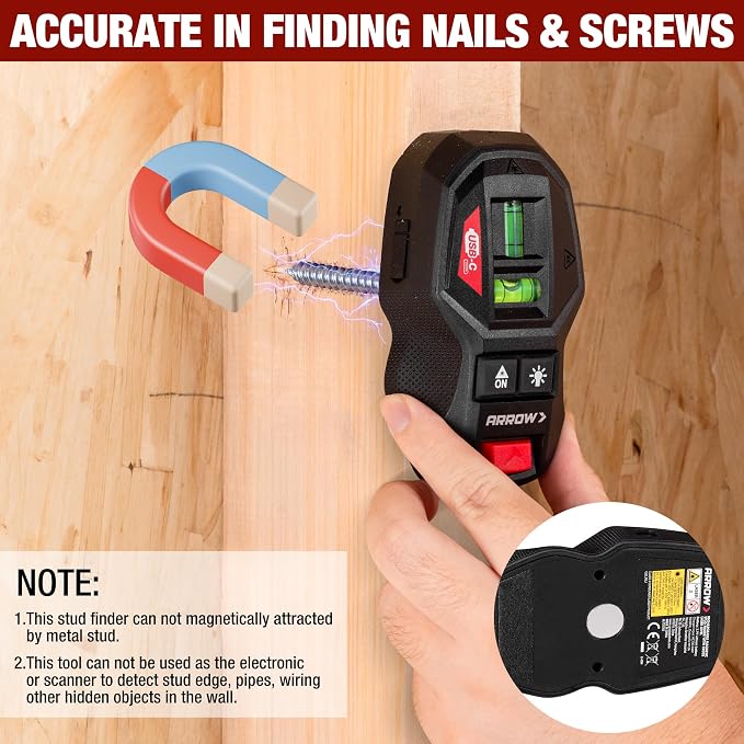 ARROW 2-in-1 Laser Level with Magnetic Stud Finder, Rechargeable Wall Scanner for Wood & Metal, Cross Line Laser with Bubble Vials for Accurate Markings, Ideal for Hanging Frames & Pictures