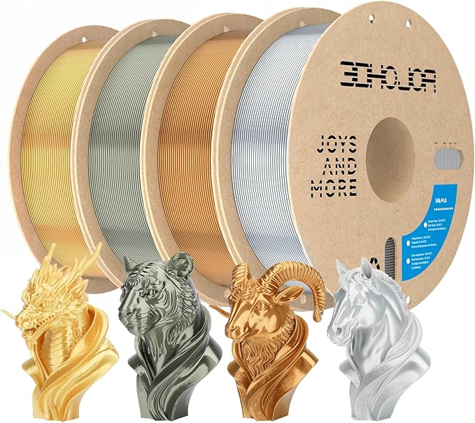 3DHoJor Silk PLA Filament 1.75mm, Silver+Gold+Copper+Bronze | 1kg*4 Cardboard Spool, Silk Shiny, Dimensional Accuracy +/- 0.03 mm, Fit Most FDM Printer