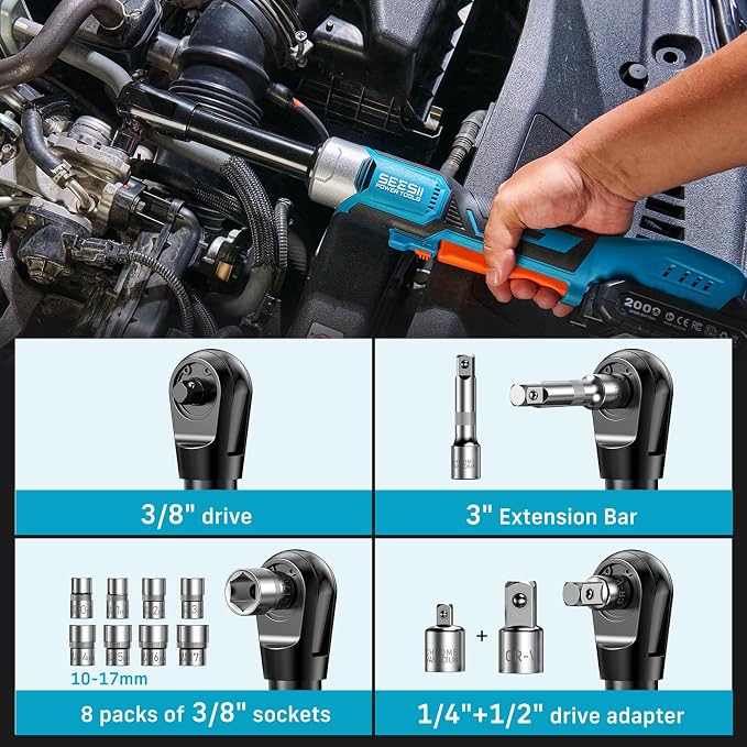 Cordless Electric Ratchet Wrench 3/8", 6" Extended Neck, 3-Speed Adjustable, 74 Ft-lbs Max Torque, 21V Power Brushless Ratchet with 2×2.0Ah Batteries & Fast Charger, 8 Sockets, 1/4"& 1/2" Adapter