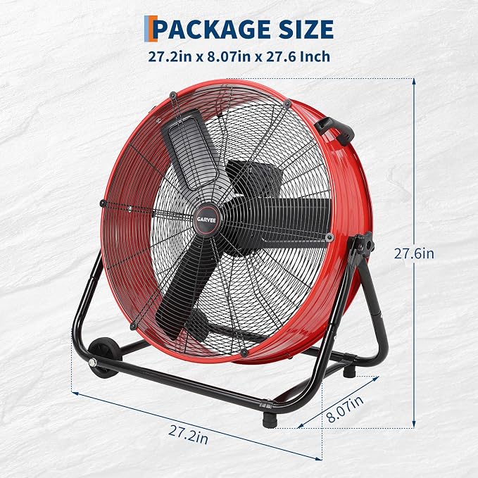 Garvee Industrial Floor Fan 24 in, Heavy Duty Drum Fan with Adjustable 3 Speed 4800-8800 CFM Cooling, Metal Blades & 360° Rotation for Industrial Commercial Space, Garage, Warehouse, Workshop