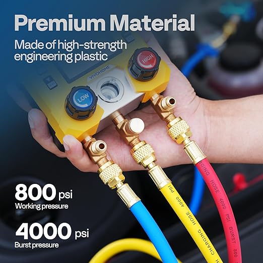 VIVOHOME Digital HVAC Manifold Gauge Set with R134a R1234yf Quick Couplers and Can Taps, Refrigeration Car AC Gauges with 3 Hoses for R134a R410a R32 R1234yf R454B Refrigerant Recharge Kit