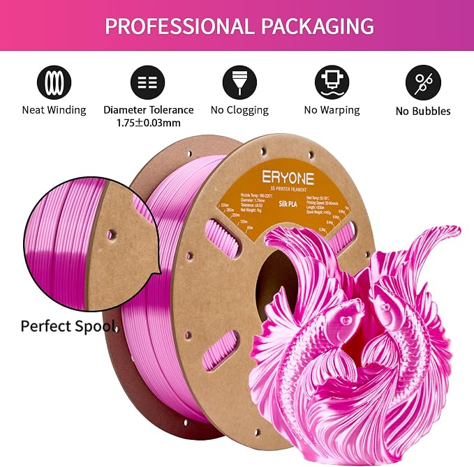 ERYONE Silk PLA Filament for 3D Printer 1.75mm +/- 0.03mm, Shiny Filament 1kg (2.1lbs)/Spool, Azalea Pink