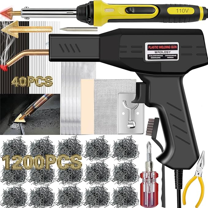 220W Plastic Welder, 1200PCS Staples 40PCS Rods Plastic Welding Kit, 5 in 1 Welding Tips Tape Sandpaper Wire Mesh Stand Metal Brush Screwdriver Welder Kit Bumper Repair Kit (Yellow)