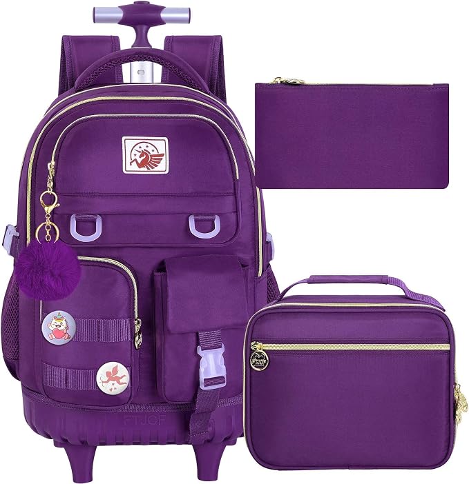 CCJPX 3PCS Rolling Backpack for Girls, Women Roller Bookbag with Lunch Box for Adults, Water Resistant Wheeled School Bag for Teens Kids Travel - Dark Purple