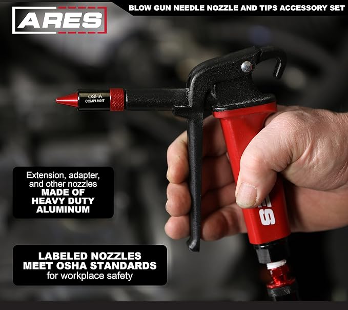 ARES 17008 – 9-Piece Air Blow Gun Needle Nozzle and Tips Accessory Set – Durable Aluminum Construction– Includes 2 Nozzles, 5 Needle Nozzles, 6-Inch Extension, and Standard Thread Adapter