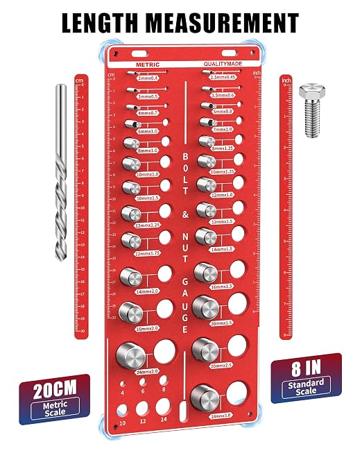 Magnetic Base 62 Nut and Bolt Thread Checker with 25 Standard & 25 Metric Sizes & 12-Hole Drill Bit Gauge, Bolt Size and Nut Size Identifier Gauge