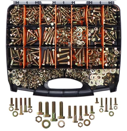 891Pcs Grade 8 Bolts and Nuts Kit - 1/4-20, 5/16-18, 3/8-16, 1/2-13 SAE Hex Bolt Assortment with Washers, Yellow Zinc Plated, Storage Case for Heavy Equipment & Farm Machinery