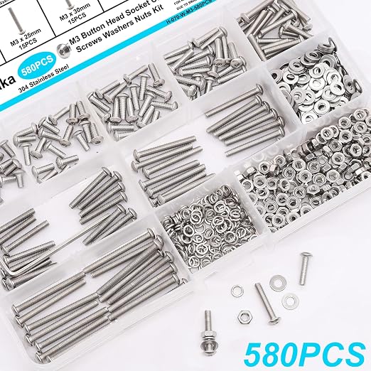 580PCS M3 Screw Kit, M3 x 6/8/10/12/16/20/25/30mm Button Head Socket Cap Screws Bolts Nuts Washers Assortment Kit, 304 Stainless Steel Machine Screws with Hex Wrench