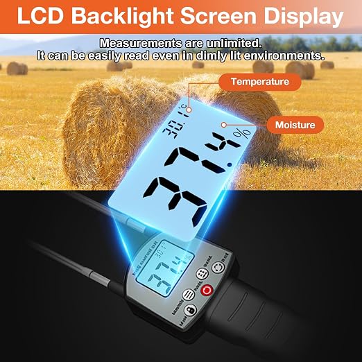 Hay Moisture Tester, Portable Precise Hay Moisture Meter, Hay Forage Bale Moisture Tester with Dual Probe, Automatic Temperature Compensation for Alfalfa, Forage, Orchard Grass, Bales