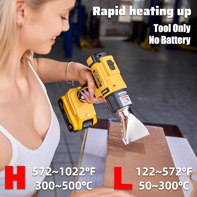 Cordless Heat Gun 20v Max for DeWALT Battery,Cordless Hot Air Gun with LCD Digital Display,2-Temp Setting Max 1022°F,for Shrink Wrapping, Tube Bending(Tool Only, NO Battery)