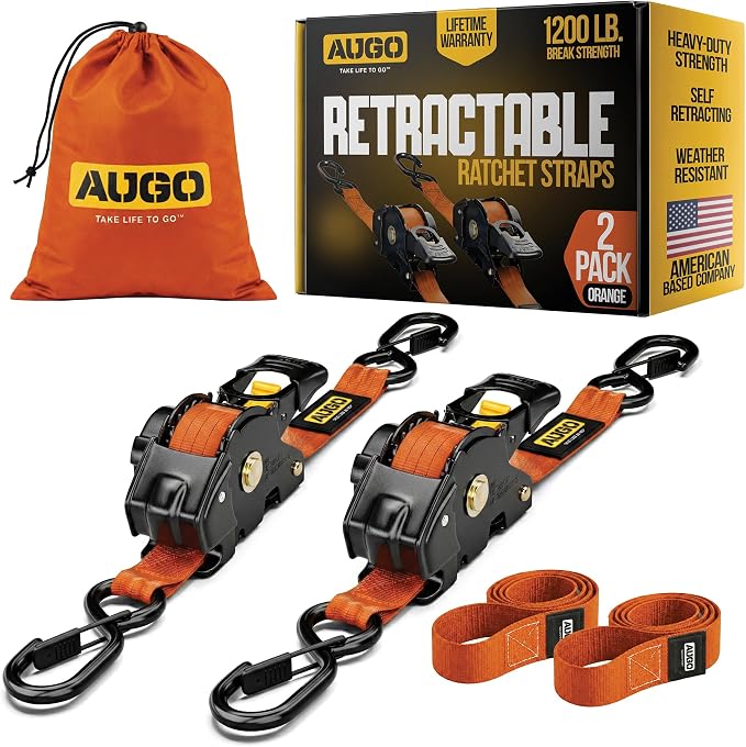 AUGO Retractable Ratchet Straps | 2 Heavy Duty Ratchet Straps Self Retractable Tie Downs with Soft Loops & Storage Bag for Motorcycle, Truck, Trailer, Cargo Van | 1200 Lb Break Strength 1” x 10’