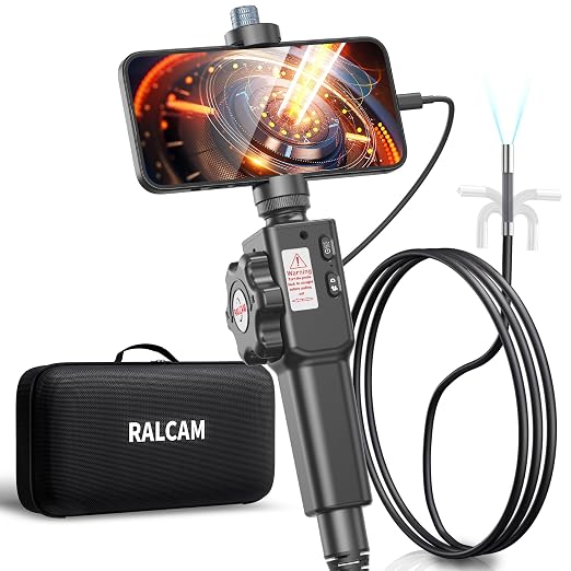 Ralcam Two-Way Articulating Borescope for iPhone&Android, Endoscope Camera with Light, HD Inspection Camera with Battery for Automotive, Engine, Pipe 0.21in Lens-3.3FT Flexible Cable