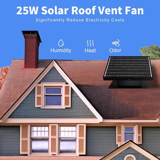Bghdas 25W Solar Attic Fan, 8 Inch IP68 Waterproof Solar Roof Vent Fan, Ideal Solar Roof Vent for Attics, Garage, Shop and Warehouse