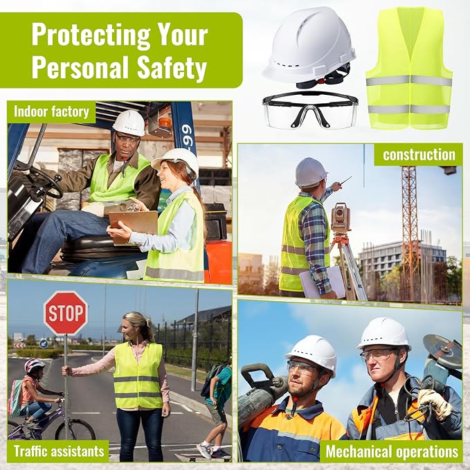 Mumufy 18 Pcs Suspension Hard Hats Safety Helmets Vented Cap Style Helmet with High Visibility Vest Mesh Reflective Anti Fog Safety Goggles Adjustable Temples for Construction Work(White, Yellow)
