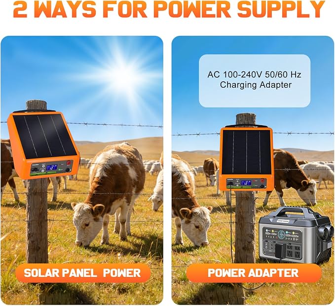 20miles Solar-Powered Electric Fence Charger, Adjustable Output Voltage:6/8/10/12kV, 2J Portable Solar Fence Charger Supports Battery/Solar/AC Power Ideal for Livestock/Garden/Orchard/Farm Protection