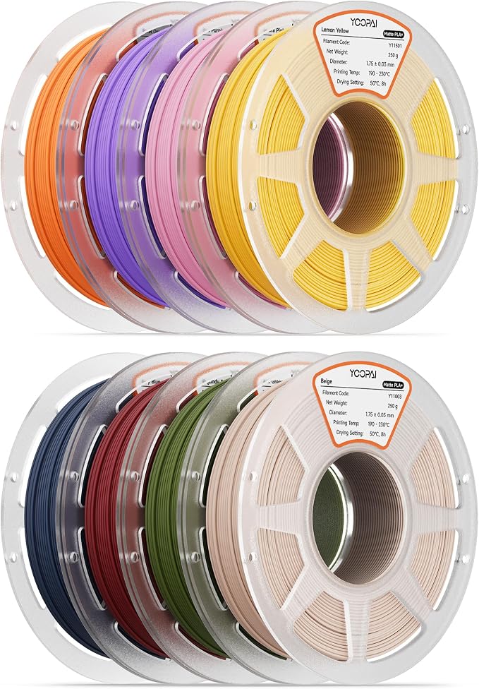250g PLA+ Matte Filament 1.75mm Bundle, 3D Printer Filament Bundle Multicolor, Individually Vacuum Packed, 250g Spool, 8 Rolls, Beige+Navy Blue+Dark Green+Orange+Yellow+Red+Pink+Purple