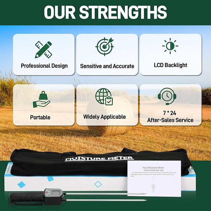 TK100H Hay Moisture Tester, Portable Accurate Hay Moisture Meter, Hay Moisture Tester Probe with Backlit Large Screen, Hay Tester Probe for Froage, Alfalfa Orchard Grass, Bales