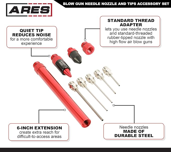 ARES 17008 – 9-Piece Air Blow Gun Needle Nozzle and Tips Accessory Set – Durable Aluminum Construction– Includes 2 Nozzles, 5 Needle Nozzles, 6-Inch Extension, and Standard Thread Adapter