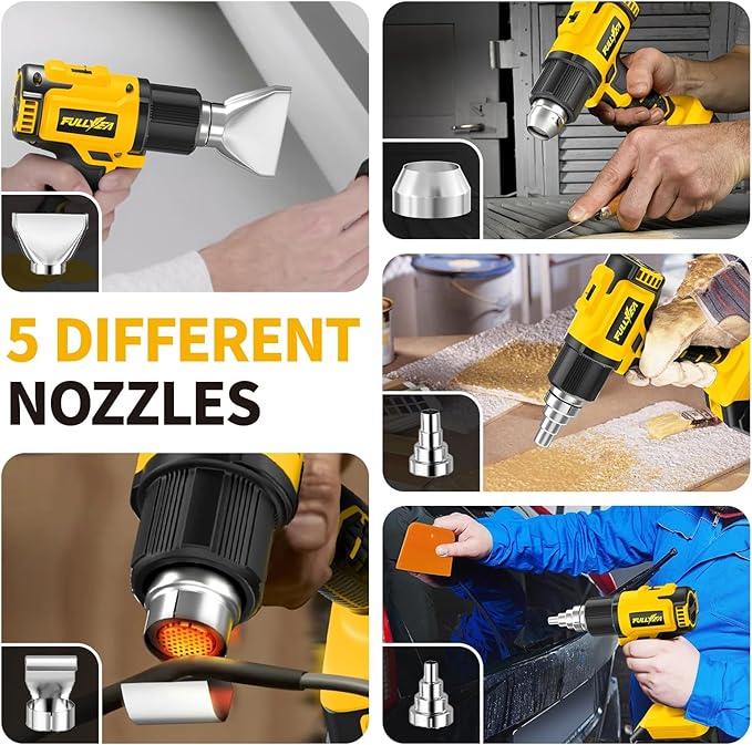 FULLYEA Cordless Heat Gun, Max 1022°F (550°C), Lightweight Hot Air Gun with 5 Nozzles & 2x4.0Ah Batteries, Portable Heat Gun Kit for Shrink Tubing, PVC Wrap, DIY Crafts (Yellow)