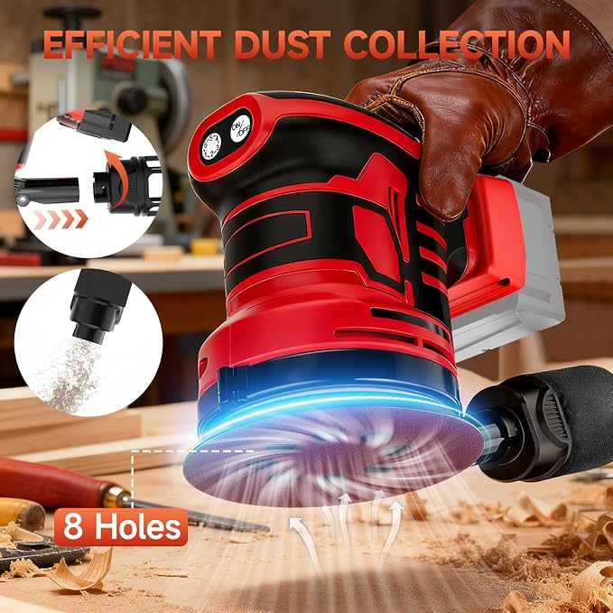 5-Inch Random Orbital Sander, Cordless Sanding Machine Compatible with Milwaukee 18V Battery(NO Battery), Brushless Electric Sander with Dust Collector (Dark Red)