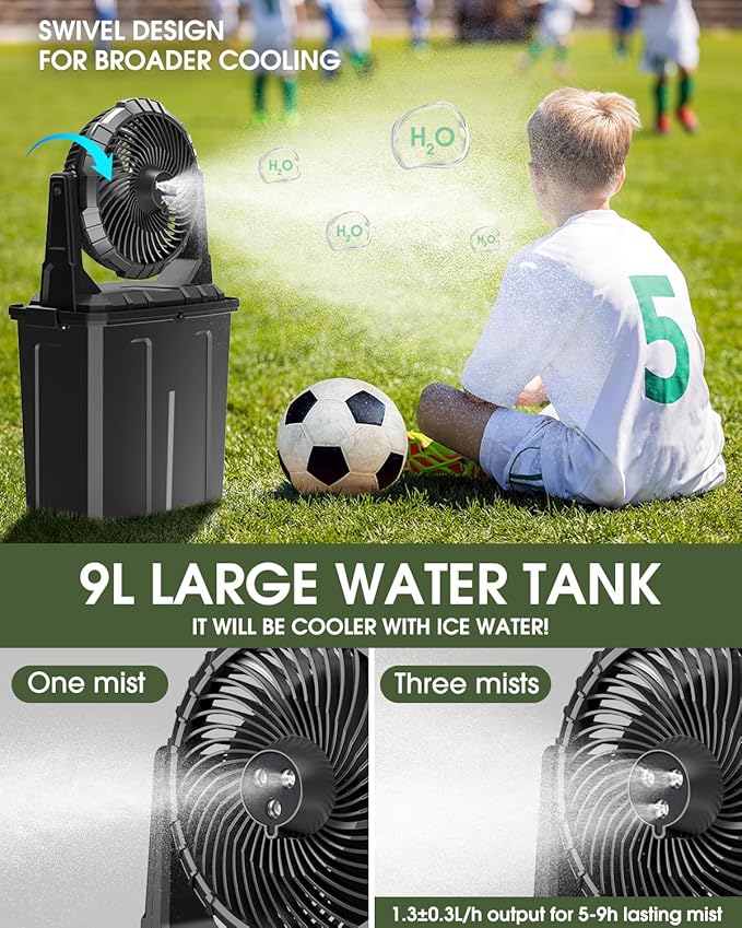Ausic Portable Misting Fan, 9L 10-inch Outdoor Mist Fans for Outside Patios Cooling, 30000mAh Rechargeable Battery Fan with Water Box, 3 Strong Winds, 3 Spray Mister, Camping/Beach Summer Essentials
