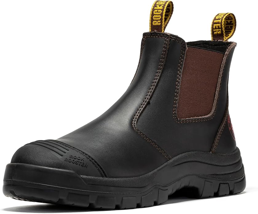 ROCKROOSTER Bakken - 6 inch Steel Toe Anti-fatigue Leather Slip On Safety Work Boots for Men AK229 (EH Rated Rubber Outsole, Dark Brown)