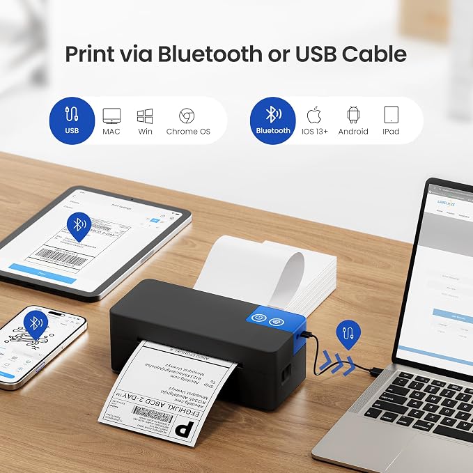 Bluetooth Thermal Shipping Label Printer, 4x6 Portable Thermal Label Printer for Small Bussiness, Compatible with iPhone, Android, Windows & Mac, Widely Used for USPS UPS Amazon Shopify Etsy
